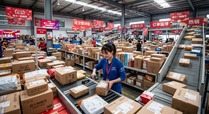 Centro de distribución de logística e-commerce en China repleto de paquetes durante las ofertas del Día de los Solteros (Double 11)
