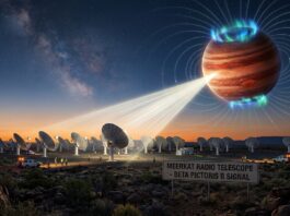 Ilustración de las antenas de MeerKAT en Sudáfrica captando una señal de radio emitida directamente por las poderosas auroras del exoplaneta Beta Pictoris b.