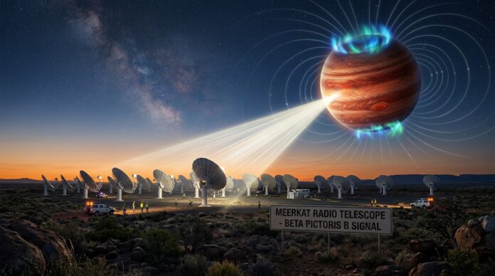 Ilustración de las antenas de MeerKAT en Sudáfrica captando una señal de radio emitida directamente por las poderosas auroras del exoplaneta Beta Pictoris b.