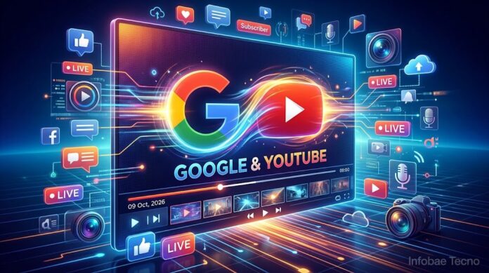 Ilustración conceptual de la adquisición de YouTube por parte de Google con interfaz tecnológica digital